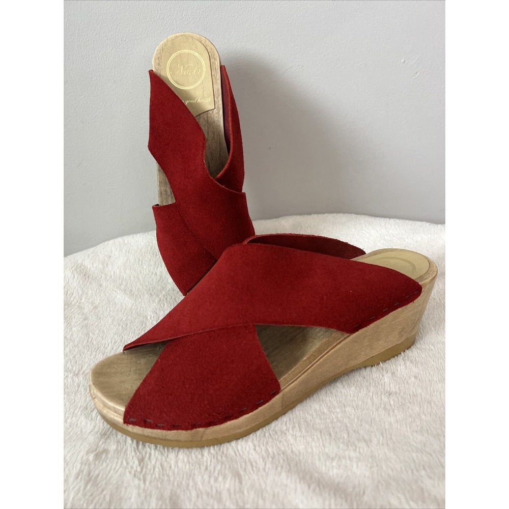 No.6 Frida Criss Crossed Clogs On Mid Wedge Red Suede Size 39